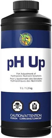pH Up solution bottle with blue label and black container