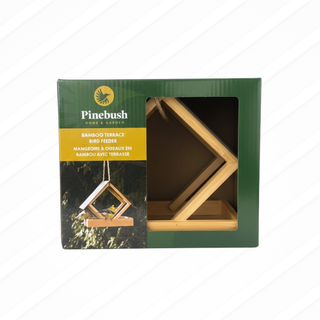 Pinebush bird feeder packaging with a green background