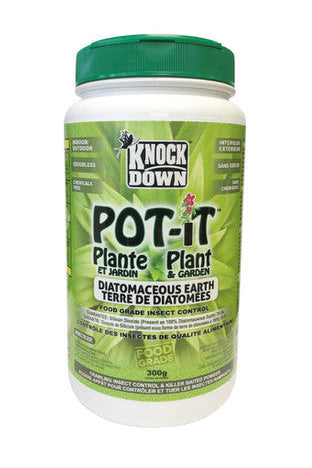 A container of Pot It - Plant and Garden Diatomaceous earth, 300g, with green and white labeling.