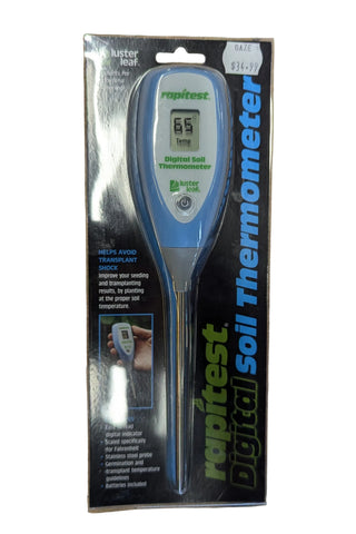 A digital soil thermometer with a blue display and a black packaging card with product information.