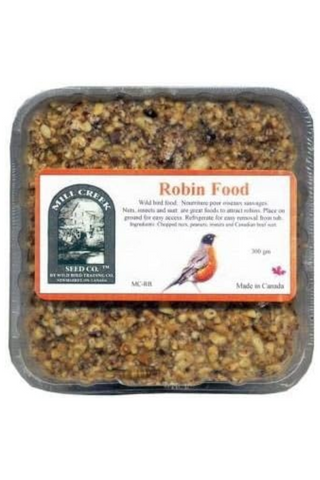Packaged robin food with a label on a white background