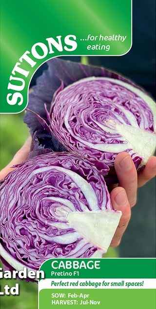 Suttons cabbage seed packet with a hand holding a sliced red cabbage.