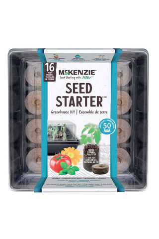 Seed starter kit with peat pots and packaging labeled 'McKenzie Seed Starter' on a white background.