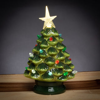 Green ceramic tabletop Christmas tree with colourful lights