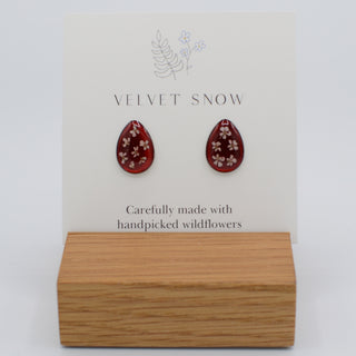 Stud Earrings | Chevril on Red | Small, Teardrop | Stainless Steel