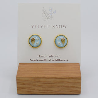 Stud Earrings | Yarrow + Queen Anne's Lace on Blue | Large, Round | Gold Toned Stainless Steel