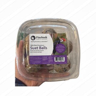 Packaged wild bird premium suet balls with Pinehush label on a white background