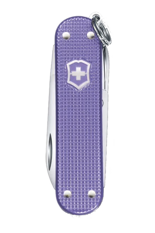 Purple Swiss Army knife with a white cross logo on a white background