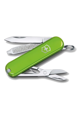 Green Swiss Army knife with multiple tools on a white background