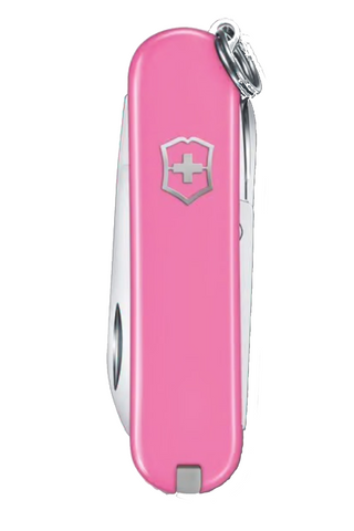 Pink Swiss Army knife with a silver cross logo on a white background