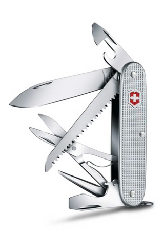 Multitool knife with various tools on a white background