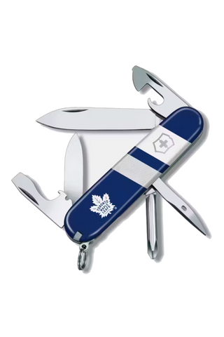 Multitool with blue handle and white logo on a white background