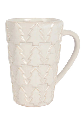 White ceramic mug with geometric pattern on a white background