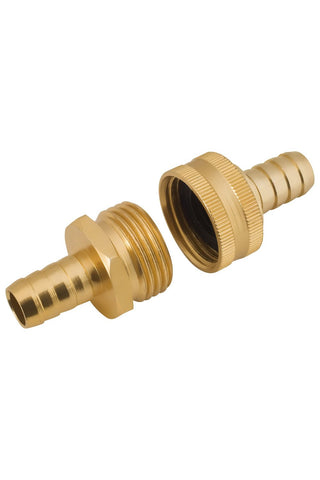 Two brass hose connectors on a white background