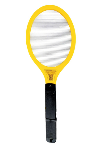 Yellow and black fly swatter on a white background