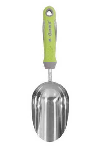 Metal garden trowel with a green handle on a white background