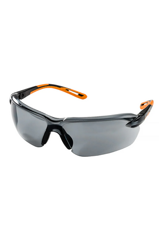Black safety glasses with orange accents on a white background
