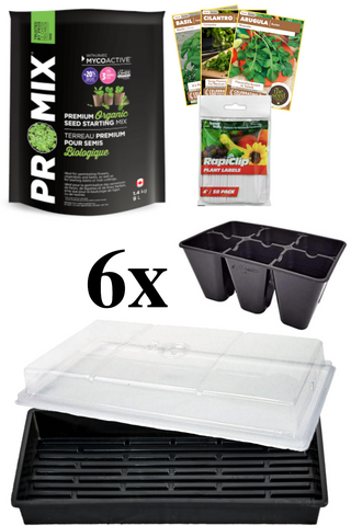 Gardening supplies including seed starting mix, seed packets, trays, and a propagator on a white background.