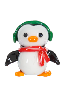 Two penguin figurines wearing green hats and red scarves on a white background