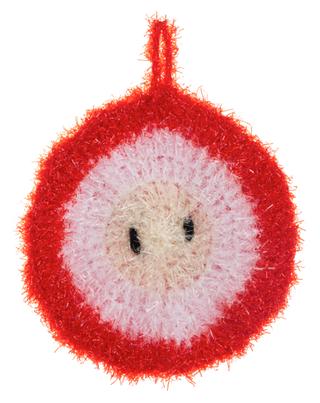 Red and white circular object with a face on a white background