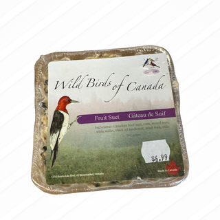 Packaged fruit suet for wild birds with a bird illustration on the label, branded 'Wild Birds of Canada'.