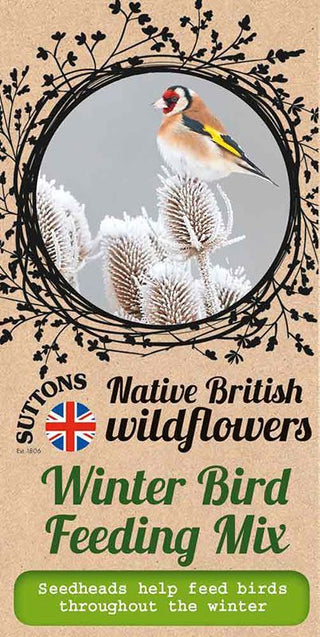 Suttons Native British Wildflowers Winter Bird Feeding Mix packaging with bird illustration and text.