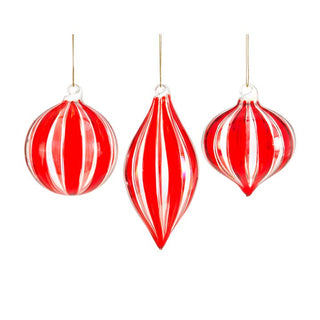 Three assorted red and white ribbed glass ball ornaments