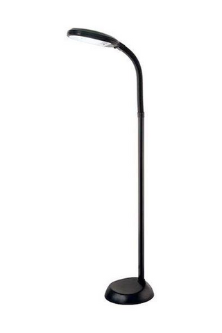 A black standing LED plant lamp with a round base and a flexible neck, designed to provide lighting for plants.