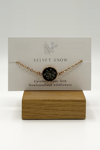 Bracelet | Queen Anne’s Lace on black | Oval | Rose Toned Stainless Steel