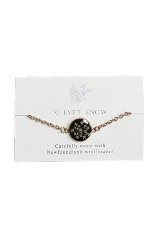 Velvet Snow - Bracelet | Queen Anne’s Lace on black | Oval | Rose Toned Stainless Steel