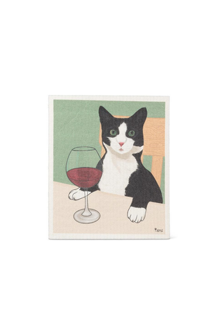 Cat with Wine Dishcloth 6.75x7.5"L