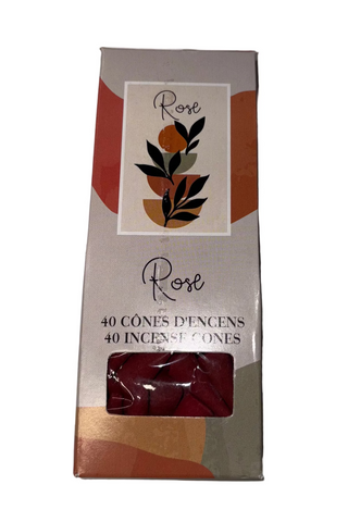 A package of Rose incense cones with 40 pieces, displaying the product and its name.