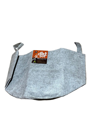Gray fabric pot with 'dirt pot' branding on a white background