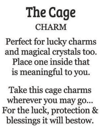 Text describing a 'Cage Charm' for lucky charms and crystals, with a black and white color scheme.