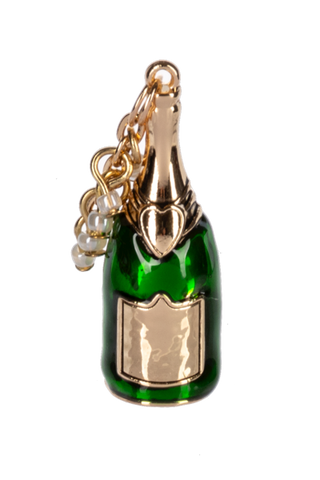 Green champagne bottle charm with gold accents on a white background