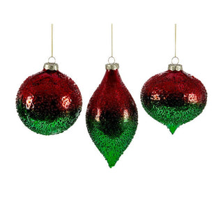 Three assorted red and green textured ornaments