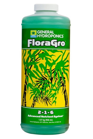 FloraGro fertilizer bottle by General Hydroponics on a white background