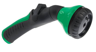 Green and black garden hose nozzle on a white background