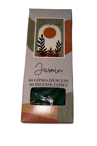 A package of Jasmin incense cones with 40 pieces, featuring a floral design on the packaging.