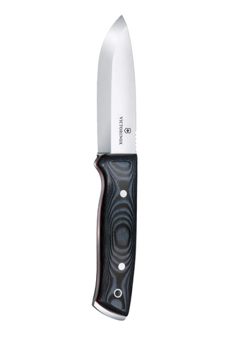 Knife with black handle and silver blade on a white background