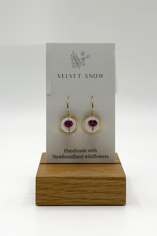 Lever Back Earrings | Bog Laurel on Pink | Round | Gold Toned Stainless Steel