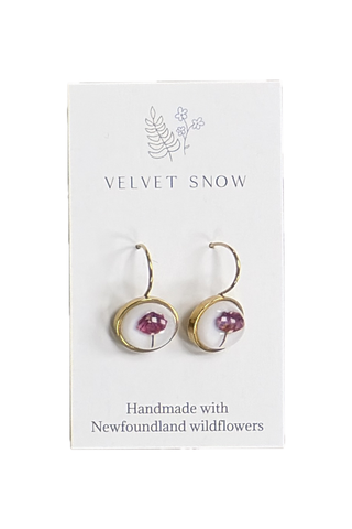 Velvet Snow - Lever Back Earrings | Bog Laurel on Pink | Round | Gold Toned Stainless Steel