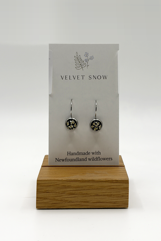 Lever Back Earrings | Queen Anne's Lace on Black | Round | Stainless Steel