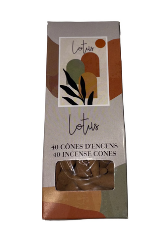 A package of Lotus brand incense cones with a floral design on the packaging.