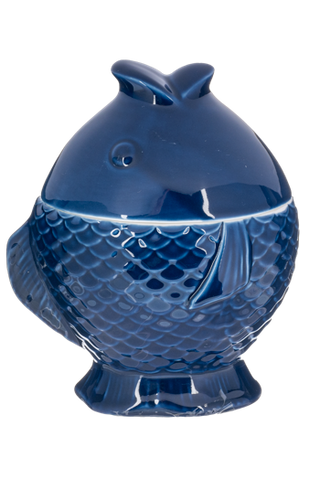 Two blue fish-shaped ceramic jars on a white background