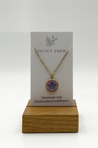 Necklace | Forget Me Not on Pink | Round | 18-inch Gold Toned Stainless Steel