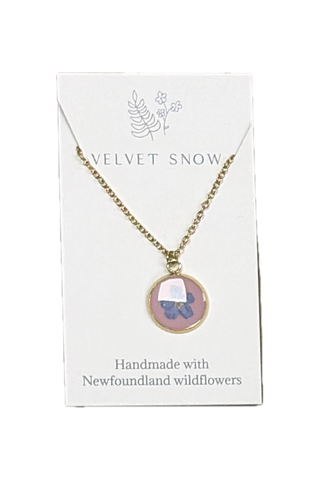 Velvet Snow - Necklace | Forget Me Not on Pink | Round | 18-inch Gold Toned Stainless Steel