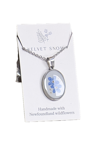 Velvet Snow - Necklace | Forget Me Not + Queen Anne's Lace | Oval | 28-inch Stainless Steel