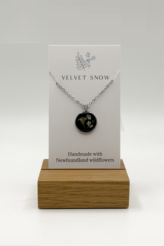 Necklace | Yarrow + Chervil on Black | Round | 18-inch Stainless Steel