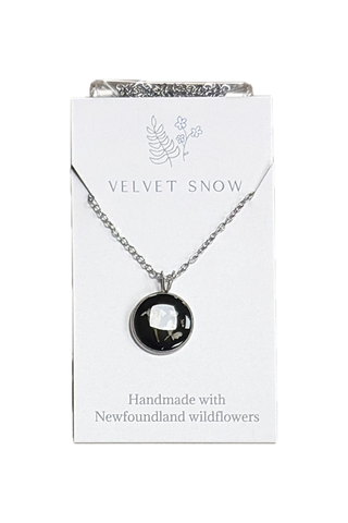 Velvet Snow - Necklace | Yarrow + Chervil on Black | Round | 18-inch Stainless Steel